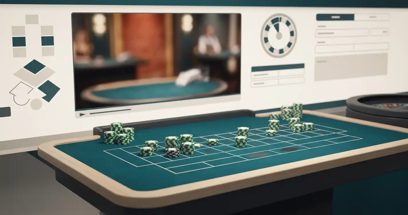 Neutral illustration af et live casino-bord med videostrøm og spilleflade