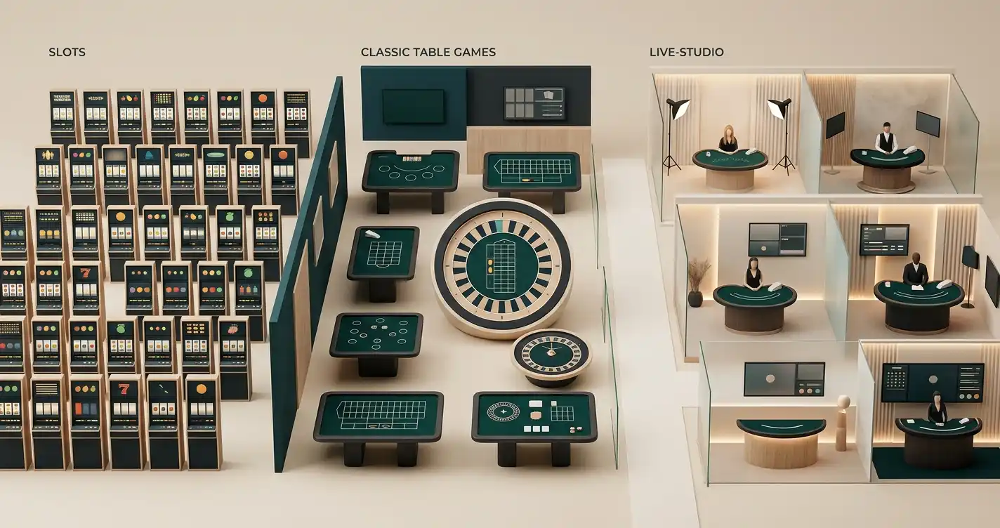 Abstrakt illustration af et casino-spilbibliotek med slots, bordspil og live-format